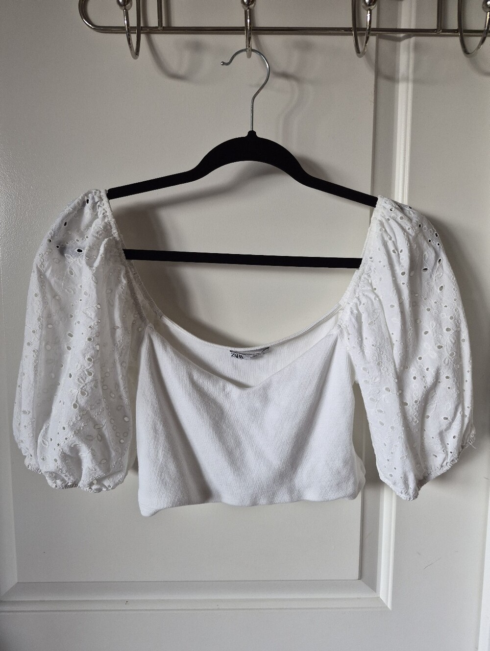 Zara White Puff-Sleeve Eyelet Cropped Top